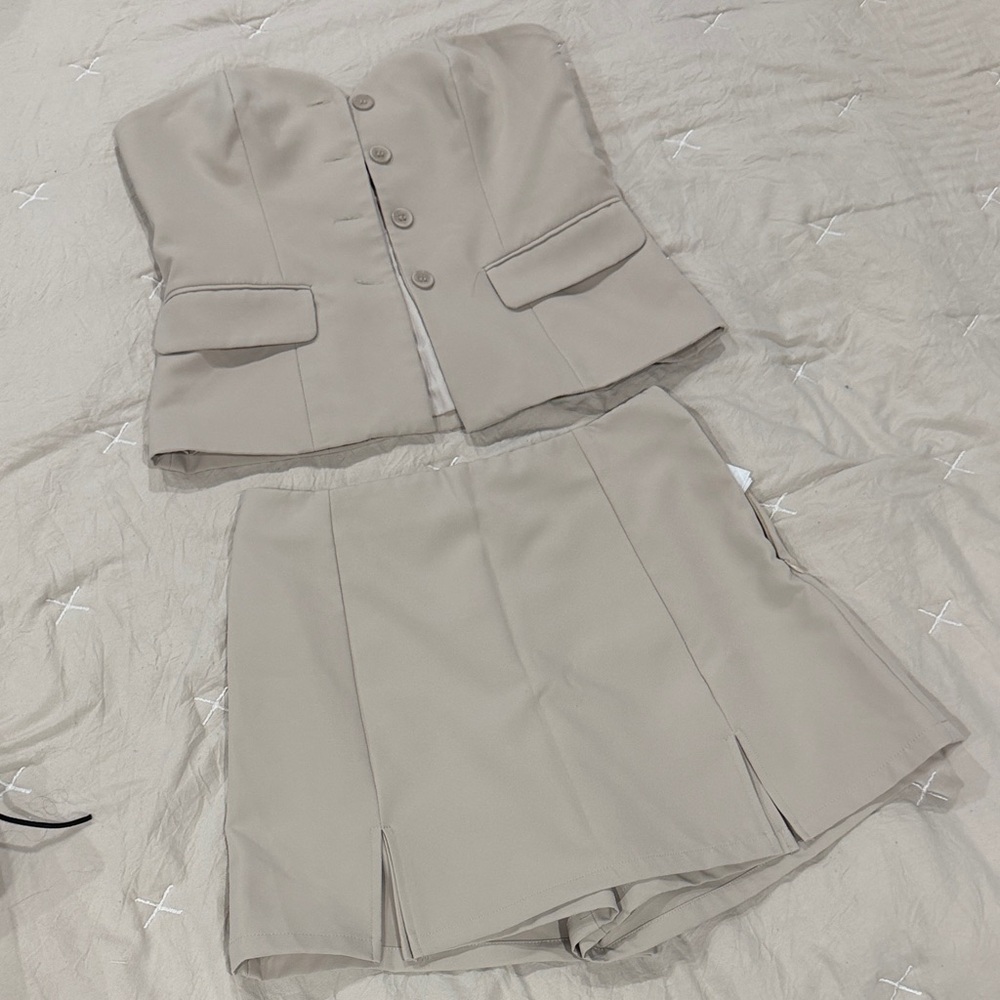 Beige Strapless Top and Skort Set